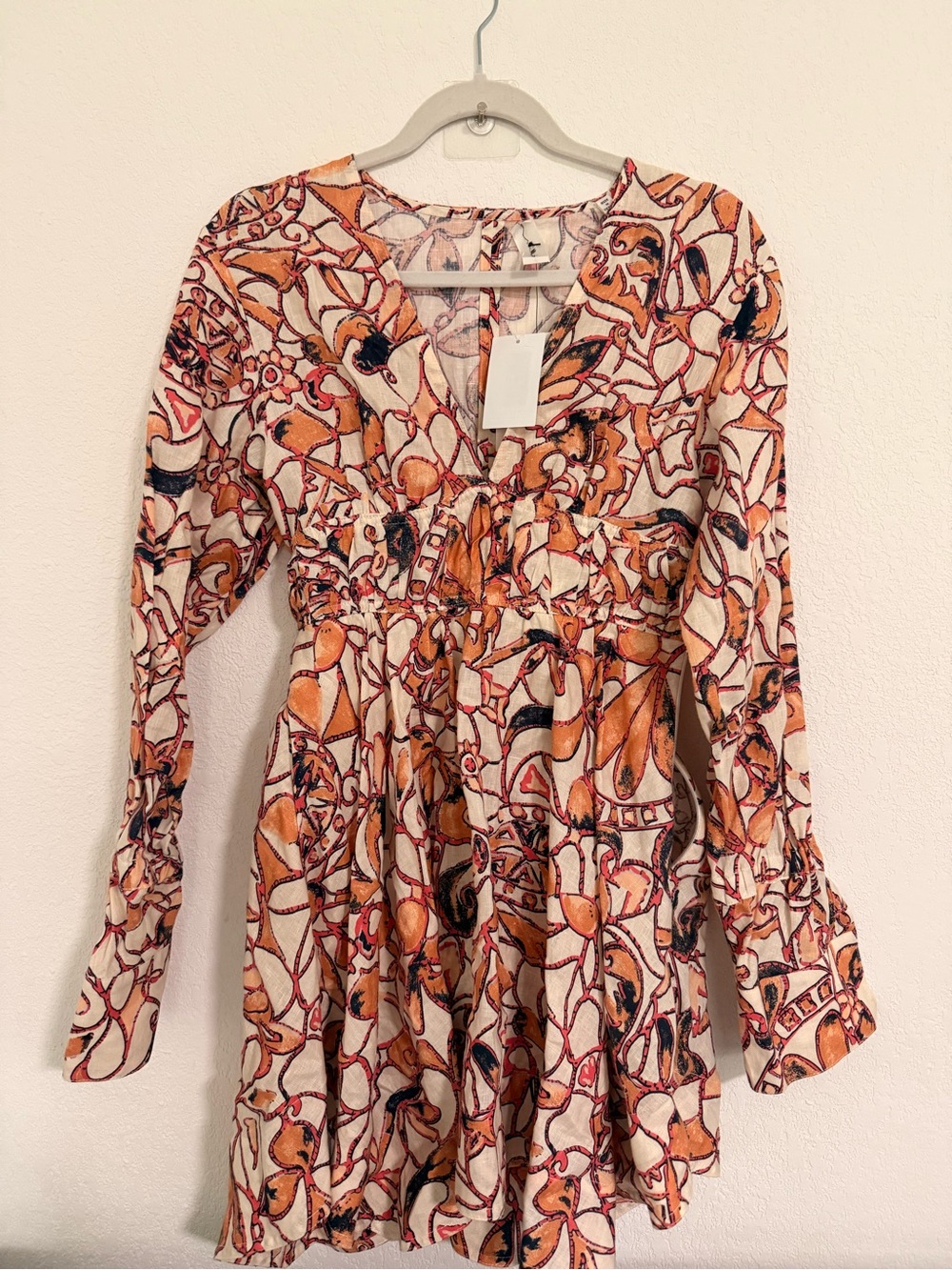 A.L.C. Floral V-Neck Long Sleeve Dress in Orange and Cream